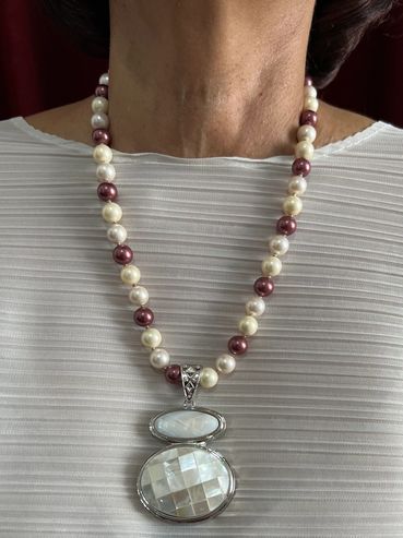 Handmade necklace with multi coloured Shell Pearls and Shell Pearl Pendant.