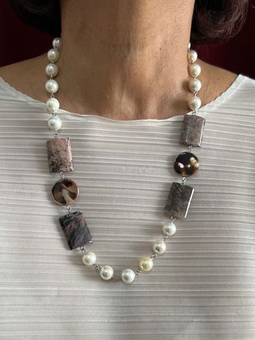Handmade necklace with white tone Shell Pearls, Tahiti Shell and Burgundy Agate.