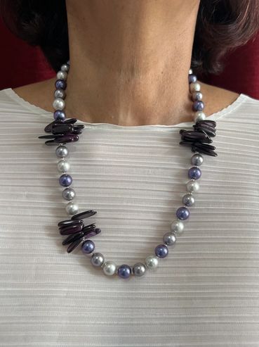Handmade necklace with blue/grey Shell Pearls and purple Mother of Pearl.