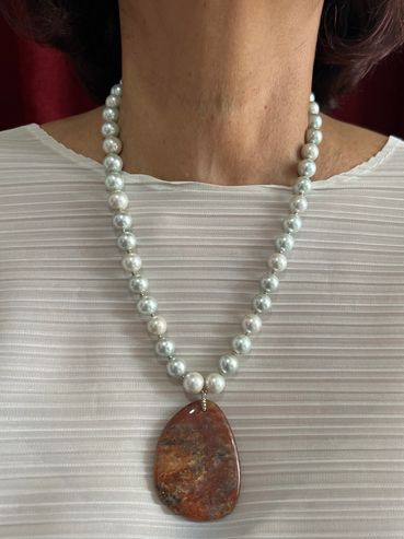 Handmade necklace with multi light coloured Shell Pearls and Brown landscape Agate Pendant.