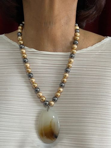 Handmade necklace with brown tone Shell Pearls and Landscape Agate Pendant.