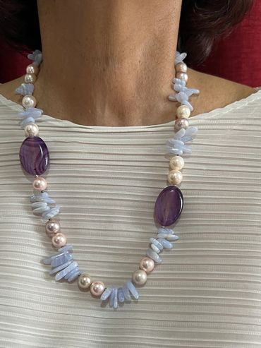 Handmade necklace with Chalcedony, Shell Pearls and oval purple striped Agate.
