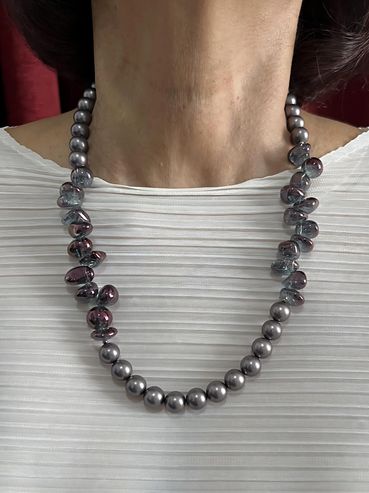 Handmade necklace with freeform nugget Crystal Quartz purple and Shell Pearls.