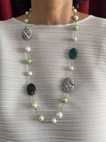 Handmade necklace with Shell Pearls, Lava and oval flat green and black Agate.