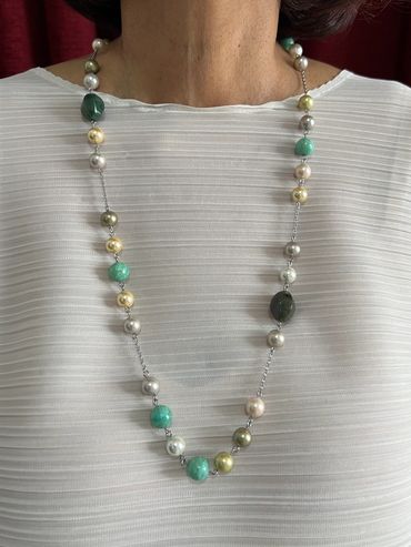 Handmade necklace with Amazonite, Bloodstone and Shell Pearls.