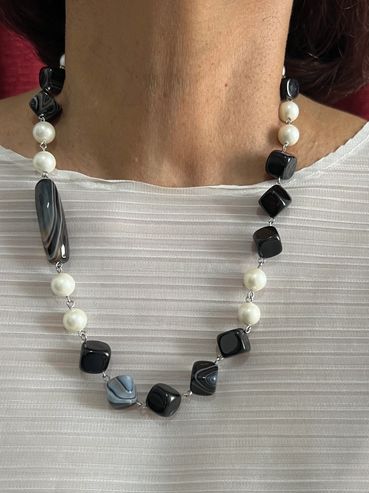 Handmade necklace with black stripped diagonal Agate, one long tube Black striped Agate.