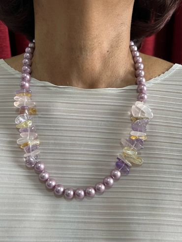 Handmade necklace with Rose Quartz, Amethyst, Citrine and light tone Shell Pearls.