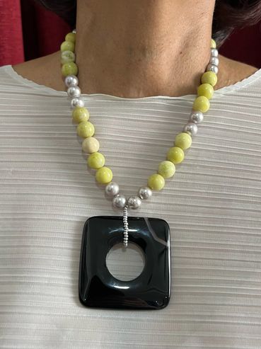 Handmade necklace with Shell Pearls, Lemon Jasper and Onyx pendant.