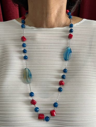 Handmade necklace with Red Coral, stripped bluish Agate and blue round faceted Agate.