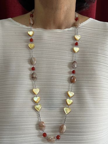 Handmade necklace with Agate, Mother of Pearl Shell gold heart and wooden Lodalite.