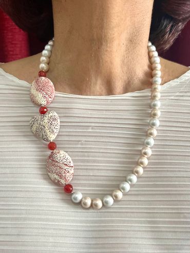 Handmade necklace with Shell Pearls, multi red oval Lava, multi violet heart and faceted red Agate.
