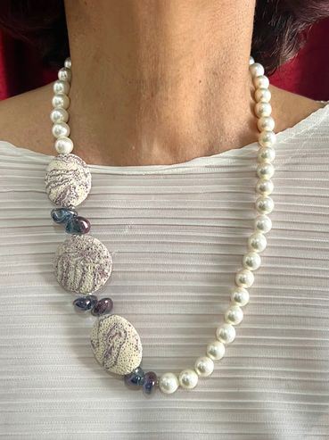 Handmade necklace with white Shell Pearls, multi violet oval/round Lava and crystal Quartz.