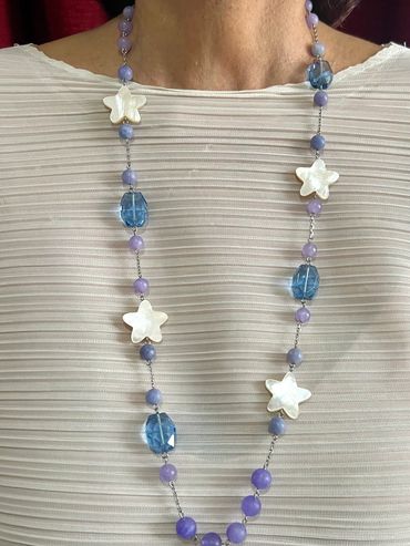 Handmade necklace with frosted Jade, faceted Crystal and Mother of Pearl.