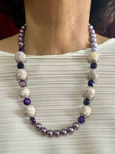 Handmade necklace with purple tone Shell Pearls, violet rhondelle Lava and blue faceted Agate.