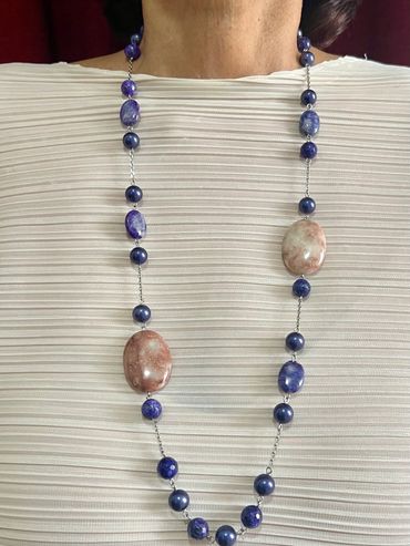 Handmade necklace with blue tone Shell Pearls, round sesame Jasper, burgundy Jasper and Lepidolite.