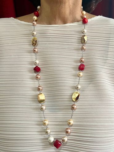 Handmade necklace with brown tone Shell Pearls, Mother of Pearl and red bamboo Coral.