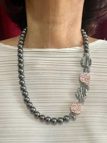 Handmade necklace with grey Shell Pearls, red/black round Lava and grey crystal Quartz.