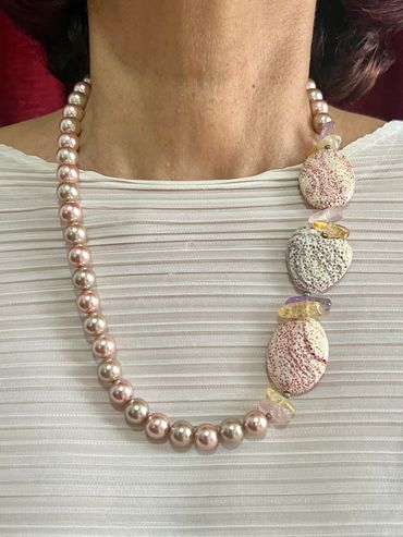 Handmade necklace with Shell Pearls, multi red brick oval Lava, multi violet heart and Citrine.