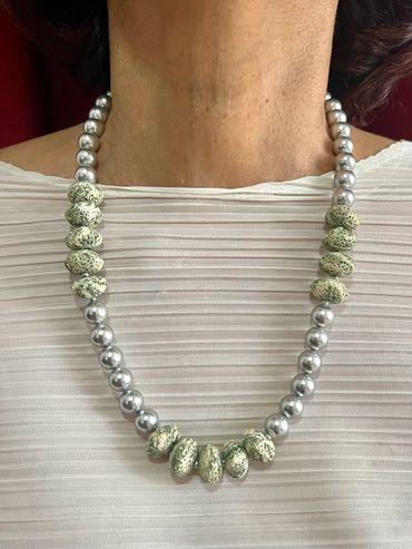 Handmade necklace with grey tone Shell Pearls, multi green rhondelle Lava.