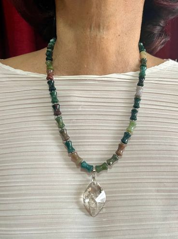 Handmade necklace with fancy Jasper dog bone and Crystal Pendant.
