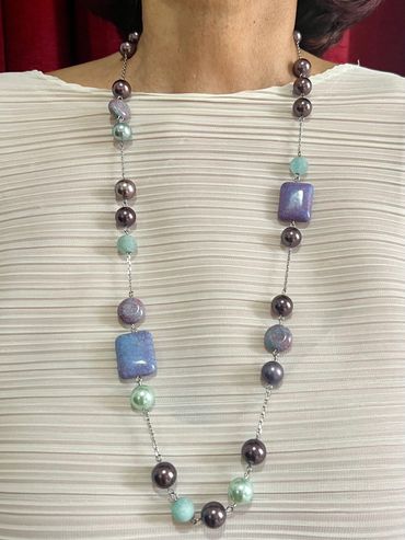 Handmade necklace with puffed round and puffed oval purple Turquoise, blue/purple Shell Pearls.