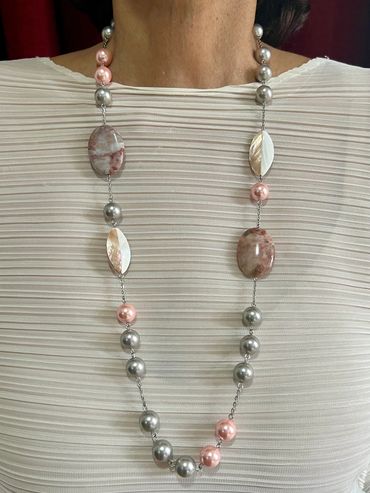 Handmade necklace with grey and pink tone Shell Pearls and 2 large puffed oval Burgundy Jasper.