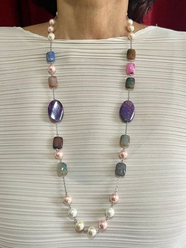 Handmade necklace with pink and white tone Shell Pearl and Tricolour Agate.