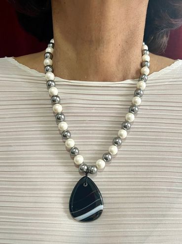 Handmade necklace with grey/white tone Shell Pearls and teardrop Black striped Onyx Pendant.