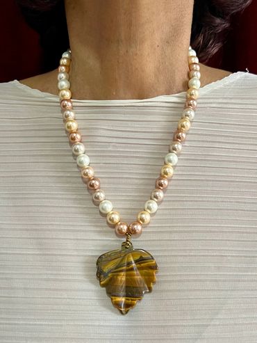 Handmade necklace with brown tone Shell Pearls and brown leaf Tiger Eye