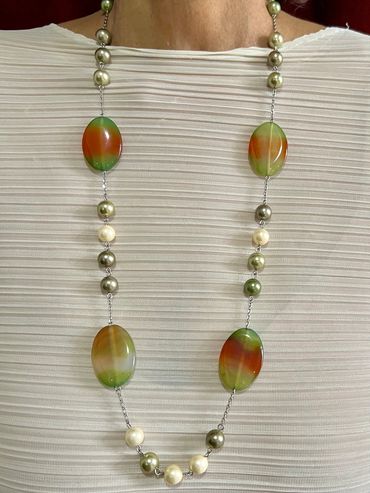 Handmade necklace with green/white tone Shell Pearls and puffed oval Red/green Agate.