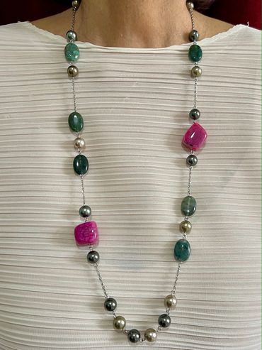 Handmade necklace with green/brown tone Shell Pearls, puffed oval Bloodstone and freeform Agate.