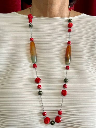 Handmade necklace with long tube Red/green Agate, green tone Shell Pearls and red Bamboo Coral.