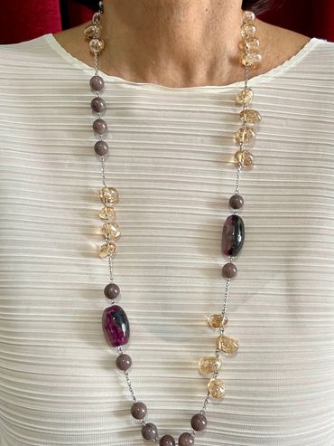 Handmade necklace with faceted oval purple Agate, free nugget salmon Crystal Quartz and Agate.