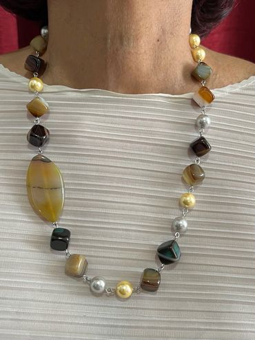 Handmade necklace with yellow/grey tone Shell Pearls & Agate.