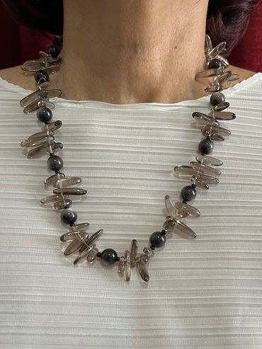 Handmade necklace with light silver Obsidian and Smoky Quartz.