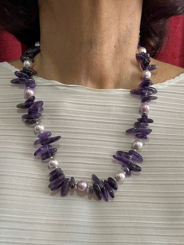Handmade necklace with light tone Shell Pearls and Amethyst.