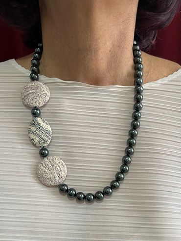 Handmade necklace with dark green tone Shell Pearls and multi Lava.