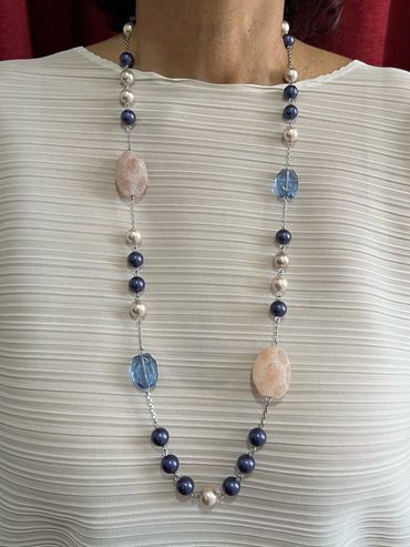 Handmade necklace with blue/beige tone Shell Pearls, Strawberry Quartz and Blue Crystal.