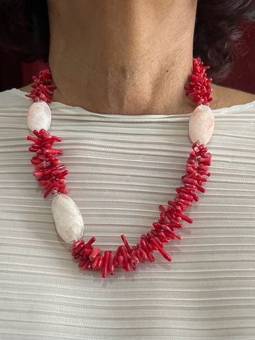 Handmade necklace with bamboo red Coral and Strawberry Quartz.