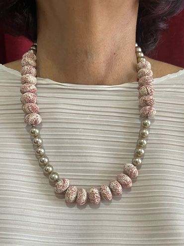 Handmade necklace with brown tone Shell Pearls & multi red brick Lava.