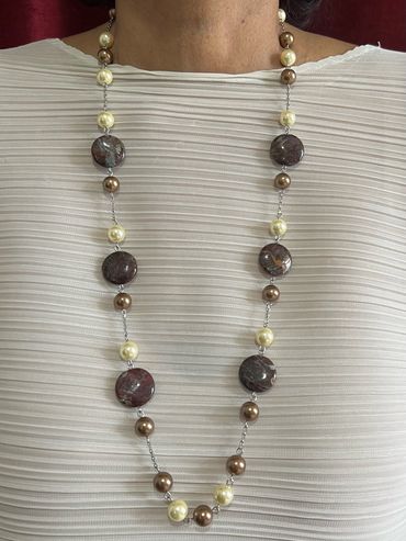 Handmade necklace with yellow/brown tone Shell Pearls and Jasper.