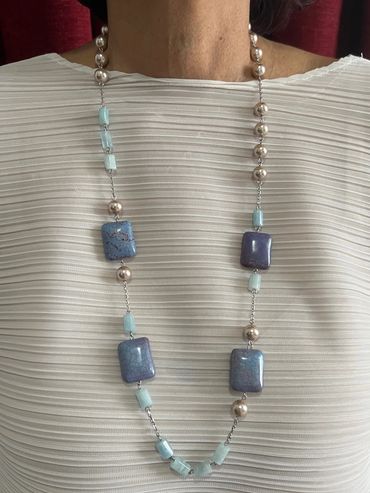 Handmade necklace with purple Turquoise, light tone Shell Pearls and Amazonite.