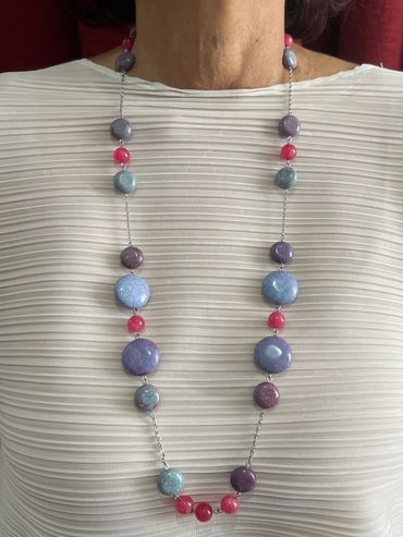 Handmade necklace with purple Turquoise puffed coin and Cherry Quartz.