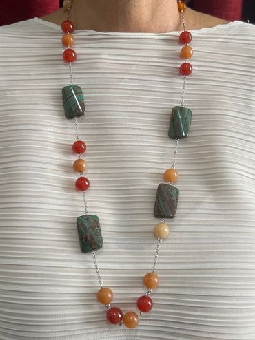 Handmade necklace with brown round Agate and rainbow twisted rectangle Jasper.
