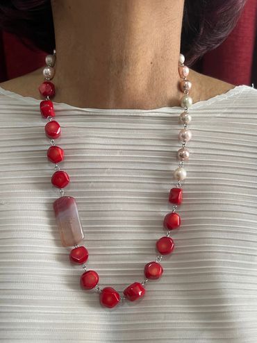 Handmade necklace with light tone Shell Pearls, red Bamboo Coral and large stripped Agate.