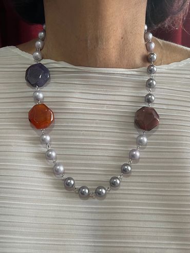 Handmade necklace with purple tone Shell Pearls and Tricolour Agate.