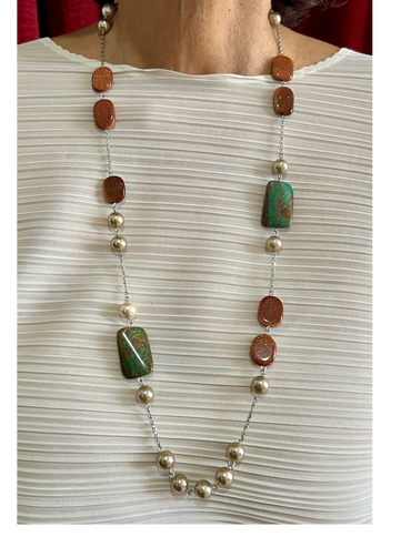 Handmade necklace with brown tone Shell Pearls, Jasper and Sandstone.