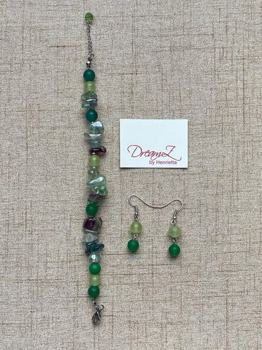 Handmade bracelet with Fluorite and Frosted Jade with Earrings.