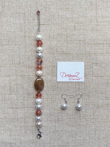 Handmade bracelet with Shell Pearls, Red Hematoid and Lodalite Quartz with Earrings.
