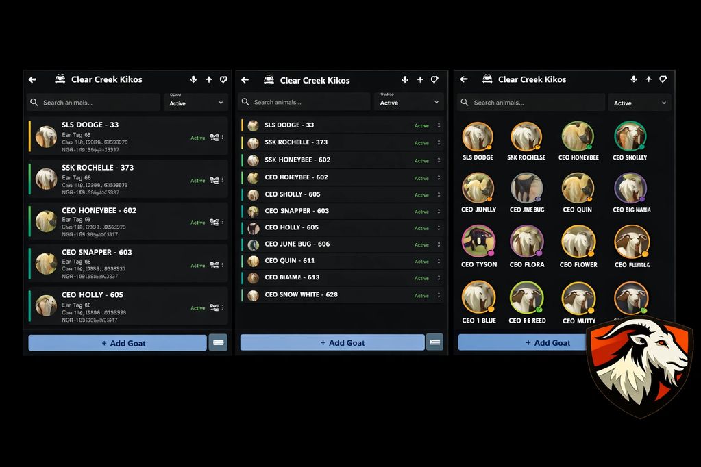 Goat management app showing animal lists and statuses.